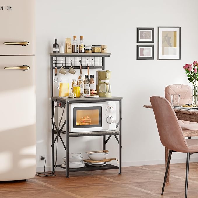 Furologee Kitchen Bakers Rack with Power Outlet, Coffee Bar Station with Storage 4 Tiers, Microwave Oven Stand with 6 S Hooks, Kitchen Storage Shelves Rack for Spices, Pots, Black Oak