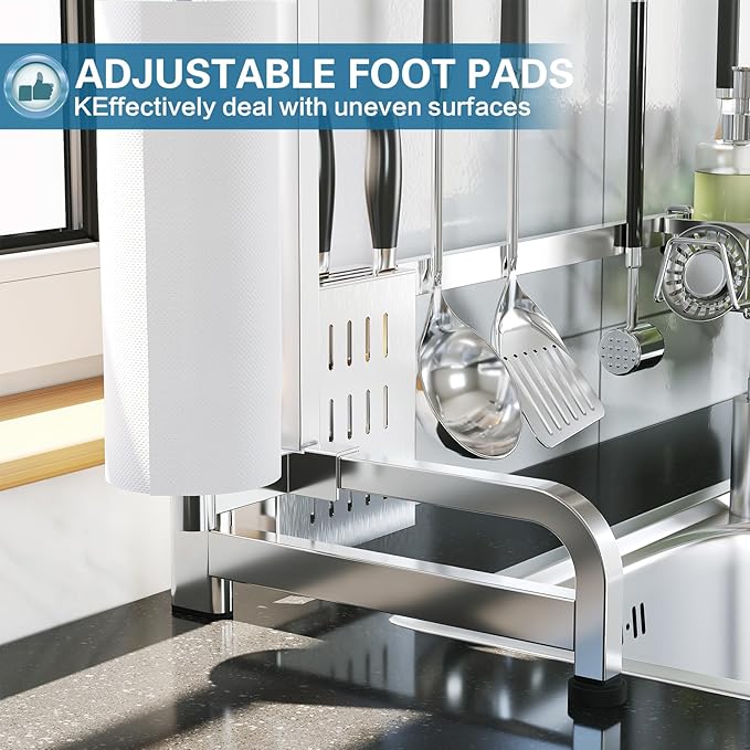 Over The Sink Dish Drying Rack,3 Tier Adjustable Length Full Stainless Steel Large Storage Kitchen Dish Rack,for Kitchen Counter Expandable Multifunctional Organizers,Silver (25.98-37.6")