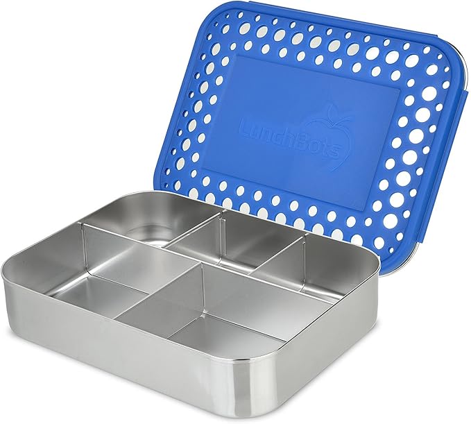 LunchBots Large Cinco Stainless Steel Lunch Container - Five Section Design Holds a Variety of Foods - Metal Bento Box - Dishwasher Safe - Stainless Lid - Blue Dots