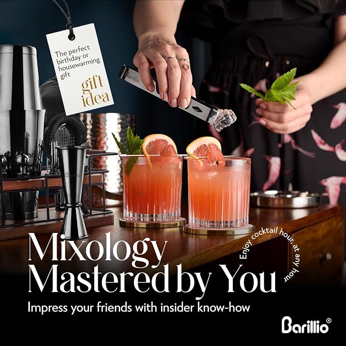 Barillio Black Bartender Kit – 23-Piece Stainless-Steel Cocktail Shaker Set with Premium African Mahogany Stand | Martini Barware Mixing Tools for Home Bartending | Gift Set