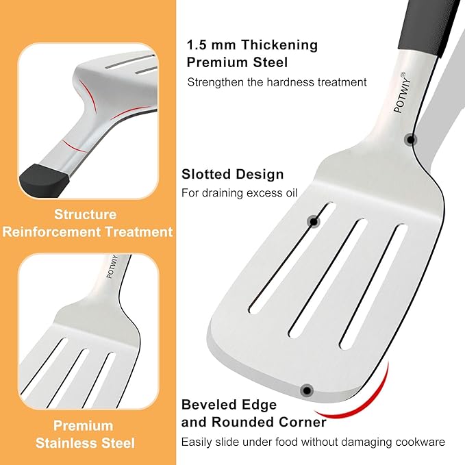 Stainless Steel Spatula Set, 2 Pcs Slotted Spatulas for Kitchen Use, Metal Turner with Silicone Handle for Cast Iron Skillet, Grilling, Cooking Utensils for Flipping Steak, Burgers, Pancake