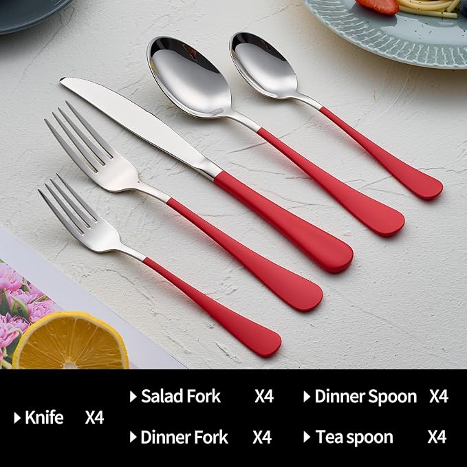 20-Pieces Red Silverware Sets for 4,Red Handle Stainless Steel Cutlery Set, Include Forks Spoons and Knives Set, Dishwasher Safe Utensil Sets for Home Restaurant