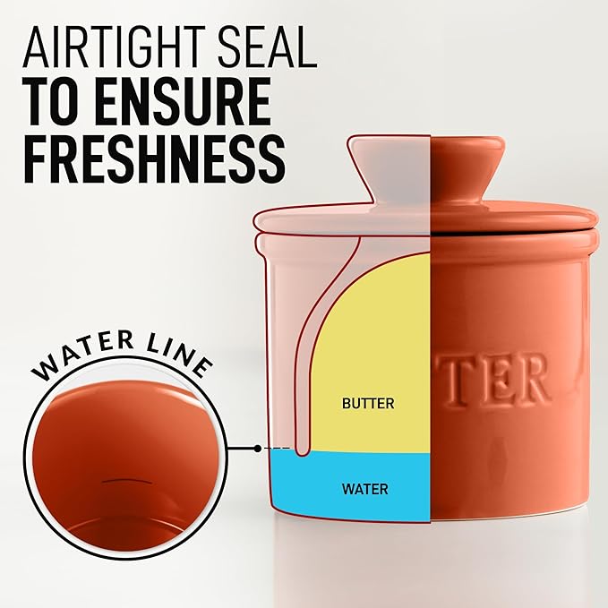 Zulay Kitchen Porcelain Butter Crock With Lid & Knife - Authentic French Butter Dish For Fresh & Spreadable Butter - Terracotta