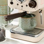 JIEMEI HOME Large Ceramic Coffee Mug Set of 4 with Stand, 15 Oz Stackable Embossment Ribbed Latte Cup Set for Cappuccino, Latte, Tea, Hot Cocoa, Drinks - Dishwasher & Microwave Safe, Vintage Turquoise