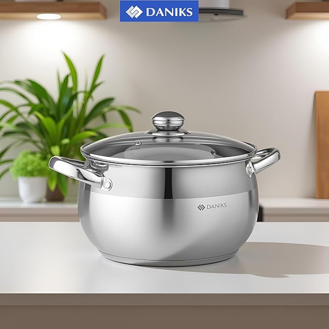 Daniks Classic 6 Quart Stainless Steel Stock Pot with Glass Lid, Tri-Ply Bottom for Even Heating, Induction Compatible, Dishwasher Safe