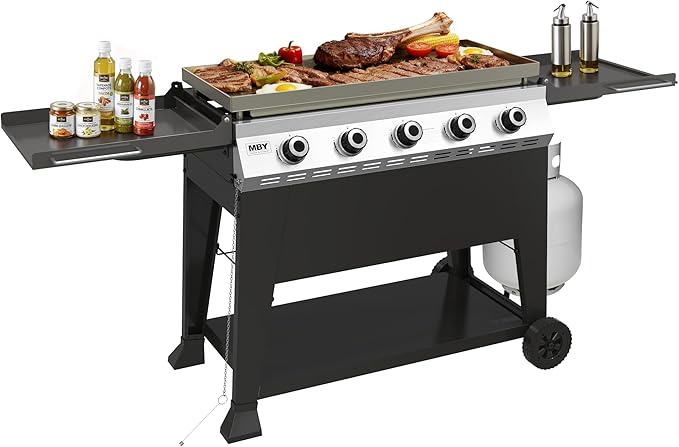 5-Burner Propane Gas Griddle, 50,000 BTU Outdoor Flat Top Propane Grill with 540 Sq In Cooking Area, Rolling Wheels & Folding Side Shelves for Camping, Tailgating & Backyard BBQ, Black