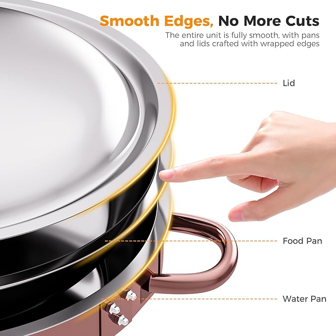 Rose Gold 4 Pack Chafing Dishes for Buffet, 18/8 (304) Stainless Steel Food Pan with Lid, 6QT Round Chafing Dish Buffet Set Food Warmer, Food Warmers for Parties Buffet Catering Events Dinners