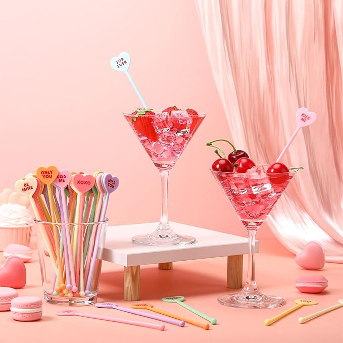 48 Pcs Valentine Conversation Candy Heart Drink Stirrers Reusable Plastic Cocktail Swizzle Sticks Wedding Cocktail Mixers for Bar Engagement Anniversary Valentine Party Supplies