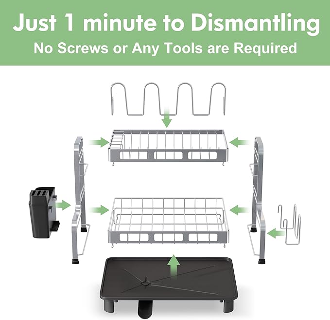 BOOSINY 2 Tier Stainless Steel Dish Drying Rack for Kitchen Counter, Large Dish Dryer Rack for Saving Space, Dish Drainers with Cup Holder & Utensil Holders, Silver