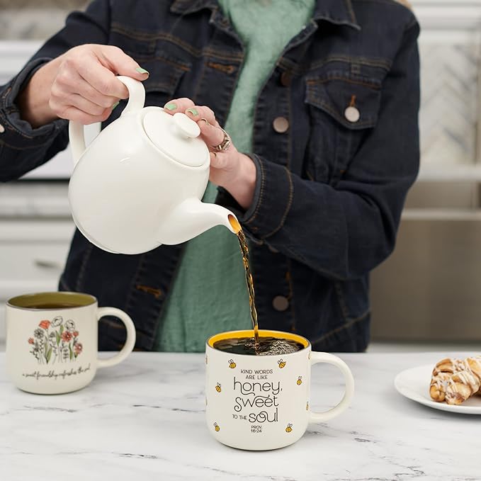 Christian Art Gifts Large Ceramic Coffee & Tea Mug for Women: Kind Words are Like Honey Inspirational Bible Verse, Non-toxic/Lead-free, Microwave/Dishwasher Safe Bumble Bee Cup, Yellow/White, 15 oz.