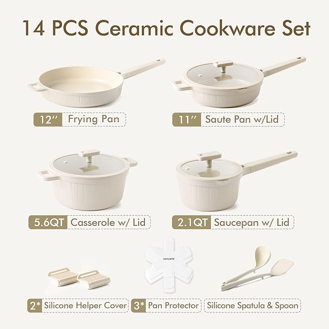 SENSARTE Ceramic Cookware Set Non-toxic 14 Pcs, Nonstick Pots and Pans Set, Dishwasher Safe Induction Cookware, Healthy Kitchen Cooking Set, PFOA/PFAS/PTFE Free