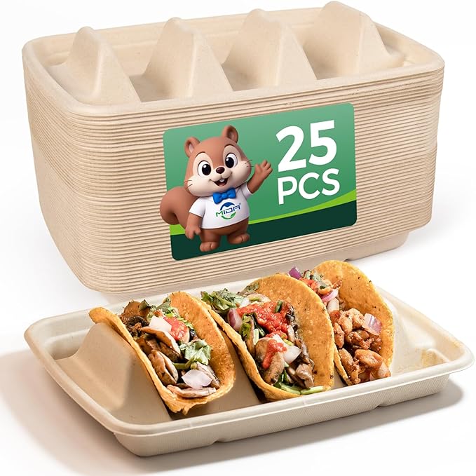 25-Pack 100% Compostable Biodegradable Paper Taco Holders, Eco-Friendly Disposable Paper Taco Tray for Taco Tuesday, Lazy Susan Taco Bar (25-Pack with lids)