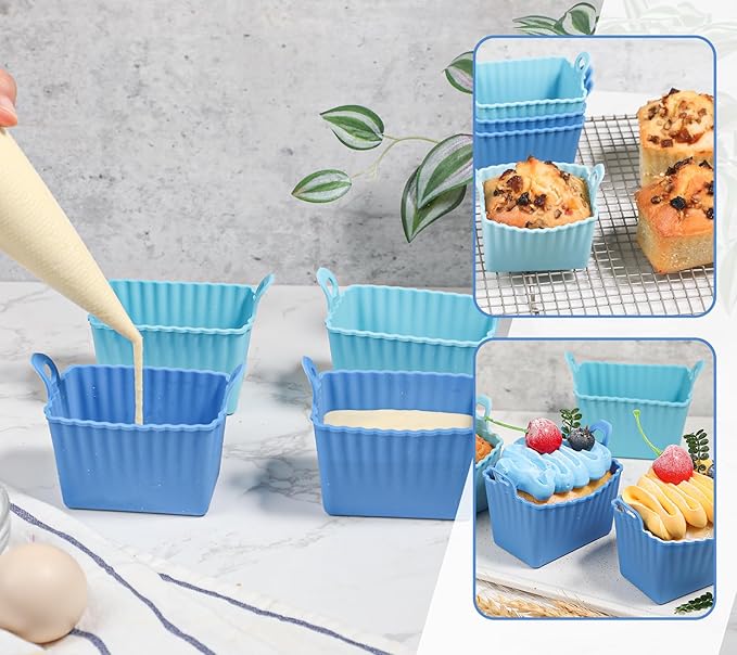 Koluti Nonstick Silicone Egg Bites Baking Mold Pack of 4, Reusable Muffin Cupcake with Double Handle, BPA Free, Small Rectangle Air Fryer Cupcakes Liner, 2 Colors