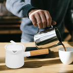 BESTonZON Ceramic Milk Warmer Pot 350ml Enamel Pan Non-stick Saucepan With Lid Porcelain Coffee Pot Food Bowl Butter Warmer With Wooden Handle for Heating Liquid Appetizer