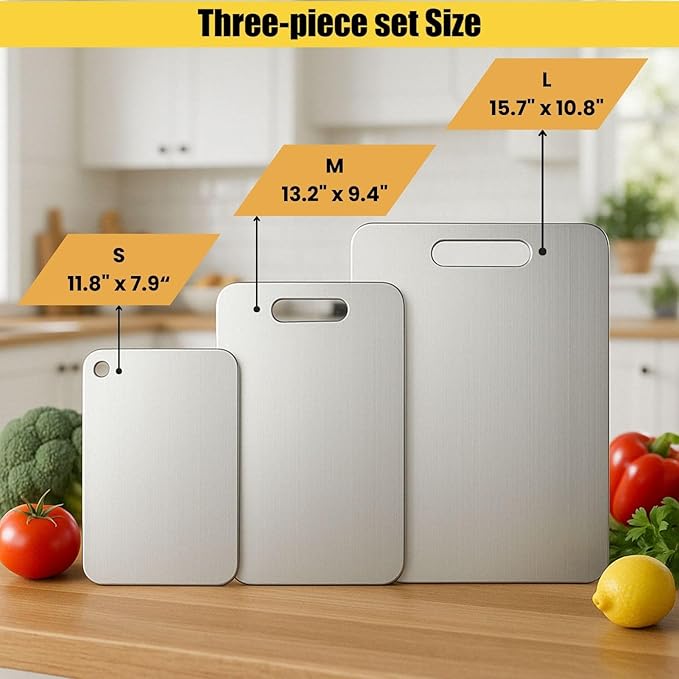 Titanium Cutting Board Set of 3, 100% Pure Titanium Chopping Board for Kitchen, Hygiene & Durability Double Sided Cutting Board, Non toxic 3Pcs Chopping Board, Dishwasher Safe (S+M+L)