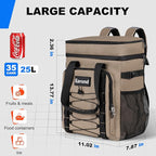 25L Insulated Cooler Backpack with Waterproof Zipper & Multi-Compartment Design Leakproof Lunch Bag for Beach, Camping, Office - Spacious Thermal Light-Weight Backpack for Men and Women-Khaki