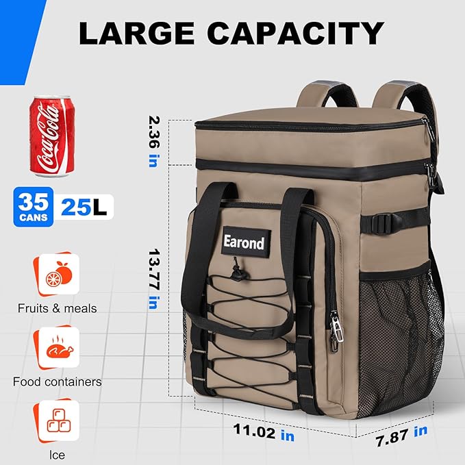 25L Insulated Cooler Backpack with Waterproof Zipper & Multi-Compartment Design Leakproof Lunch Bag for Beach, Camping, Office - Spacious Thermal Light-Weight Backpack for Men and Women-Khaki