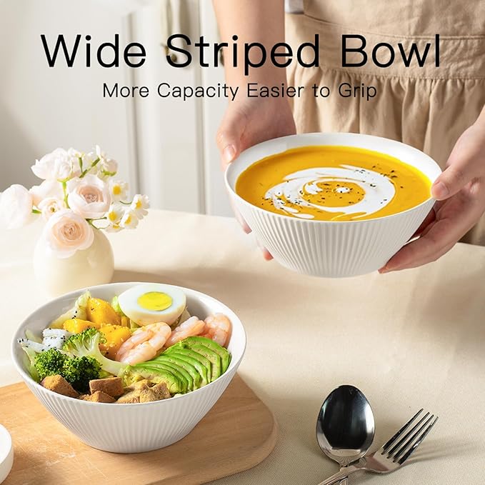 Ceramic Bowls for Kitchen - Set of 6, 30 oz Cereal Bowl Set, Soup Bowls, White Ceramic Bowls for Dessert, Salad, Pasta, Soup etc, Microwave, Dishwasher & Oven Safe