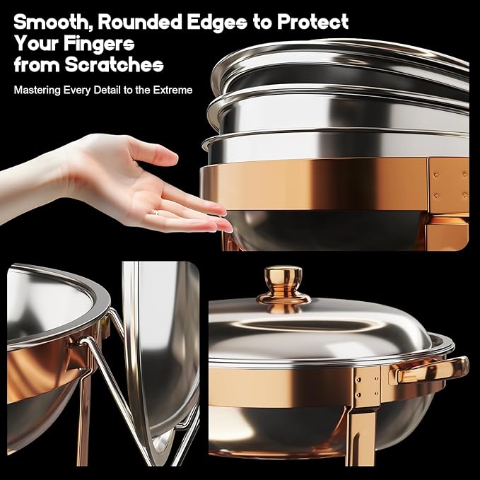Chafing Dishes for Buffet 4Pack, 5QT Round Stainless Steel Chafing Dish Buffet Set with Safe Roll-Edge, Chafers and Buffet Warmers Sets for Catering, Weddings, Parties, Holiday Celebration (Rose Gold)