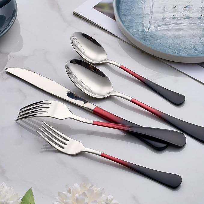 Colorful Silverware Set 20 Piece 18/0 Stainless Steel Flatware red and black Handle Cutlery Set Service for 4 Fork Knife Spoon Set Mirror Finish Dishwasher Safe