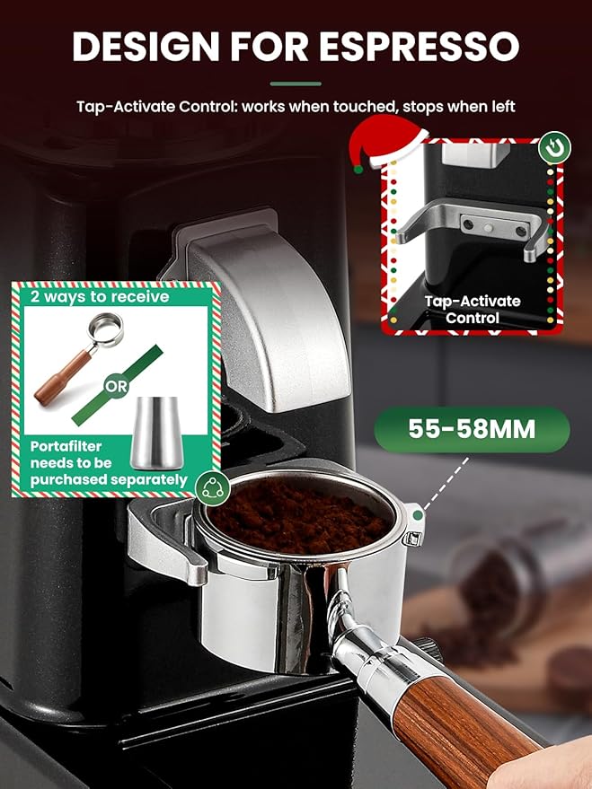 Huanyu Burr Coffee Grinder- Stainless Steel Flat Burr, 19 Precise Grind Settings, 35oz Capacity and Dual Dosing for Espresso, Hand Punch, French Press Black