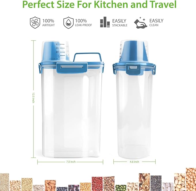 Rice Airtight Storage Container, 3 to 5Lbs Cereal Dry Food Flour Bin, Pet Dog Cat Food Dispenser with Measuring Cup, BPA Free Clear Plastic Kitchen and Pantry Organization Bin for Sugar, Pasta