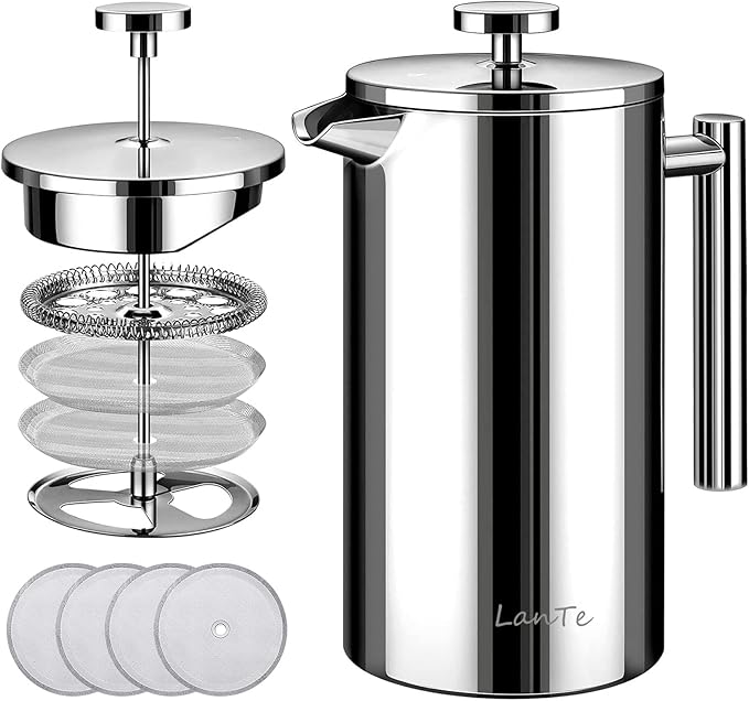 French Press Coffee Maker, Double Insulated 304 Stainless Steel Coffee Tea Maker 4 Level Filtration System, No Coffee Grounds, Rust-Free, Dishwasher Safe, 1000ml
