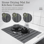 Hopegiver Dark Gray Stone Drying Mat for Kitchen Counter, 23.62"x15.35" Engraved Design Quick Dry Stone Mat, Super Absorbent Diatomaceous Earth Dish Drying Mat for Kitchen Bathroom, with Sanding Tools