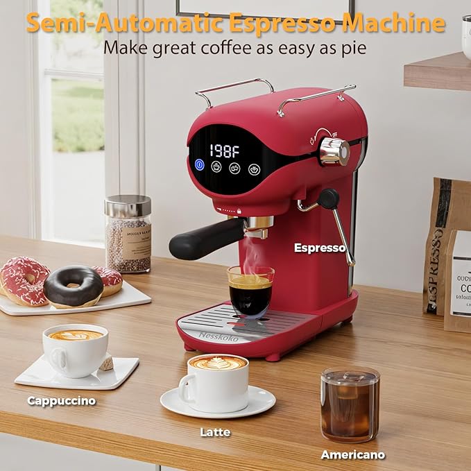 Espresso Machine with Steam Milk Frother Semi Automatic 20 Bar Compact Red with Touch Screen for home Cafetera Espresso, Latte, Cappuccino, Americano, Macchiato