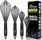HOTEC 4 Pieces Silicone Whisks Set, Wire Balloon Whisks Egg Beater, Non-slip Handle Whisk for Non-stick Cookware Perfect for Cooking, Stirring, Beating and Blending (Black)