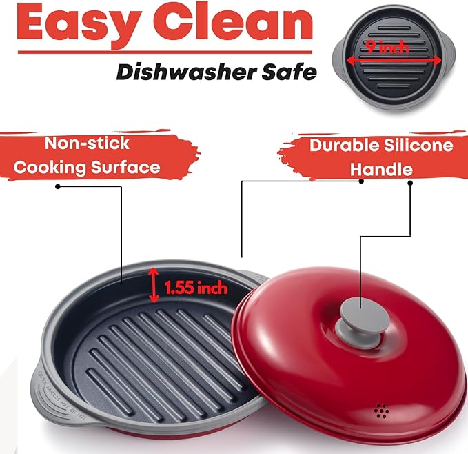 MACONEE Microwave Grill Pan | Microwave Griller, Griddle & Crisper Pan with Lid for Grilling, Browning, and Crisping Foods Microwave Cookware for Grill Meat, Sandwich & Vegetable inside a Microwave