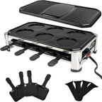 TAMARIT 8-Person Raclette Grill, Electric Party Grill with Nonstick grill & crepe Plates, 8 Pans & Spatulas, 1500W (Indoor), Stainless Steel