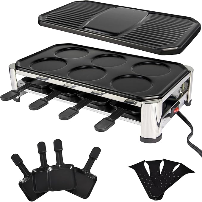 TAMARIT 8-Person Raclette Grill, Electric Party Grill with Nonstick grill & crepe Plates, 8 Pans & Spatulas, 1500W (Indoor), Stainless Steel
