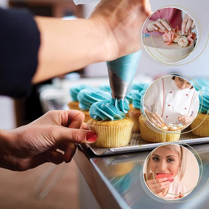 HOTPOP Piping Bags and Tips Set for Macarons - 17-Piece Baking Supplies Kit - Reusable Silicone Pastry Bags - 2 Half-Size Baker Mats - Ideal for Home Pastry Baking (16.5"x11.5")
