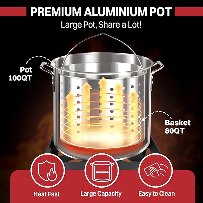 100QT Crawfish Boiler | Seafood Boiling Kit | Dustproof Cover & 16" Skimmer Included | 110,000BTU Propane Jet Burner | 0-20 PSI CSA Certified Regulator | Crab Boil Pot for Outdoor Backyard Cooking