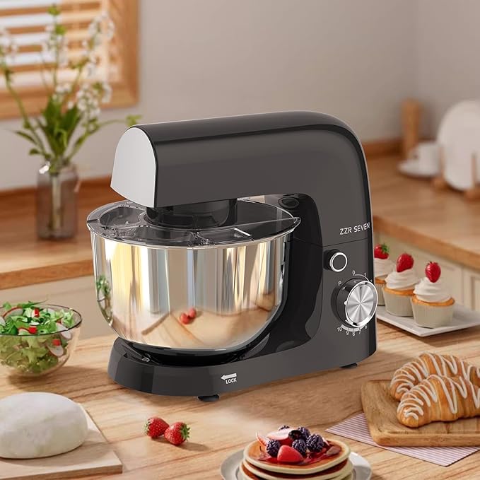 Stand Mixer, 5.5 Quart, 10 Speed Tilt-Head Food Mixer, Kitchen Electric Mixer with SS Bowl, Copper Motor, Beater, Dough Hook, SS Egg Whisk (300W Black)