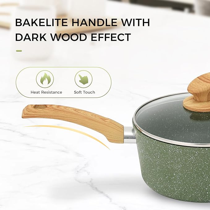 MAISON ARTS 17 Piece Green Pots and Pans Set Non Stick Granite, Non Toxic Induction Kitchen Cookware Sets, Pan and Pot Sets for Cooking Nonstick