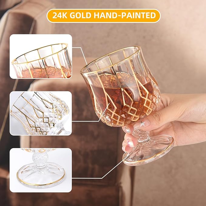 GLASKEY Crystal Brandy and Cognac Snifter Glasses Set of 2-24K Gold Hand Decorated,Short Stem Cognac Glass Brandy Goblets for Bourbon,Scotch,Tequila,Armagnac,Rum,Gift Ideas-7oz