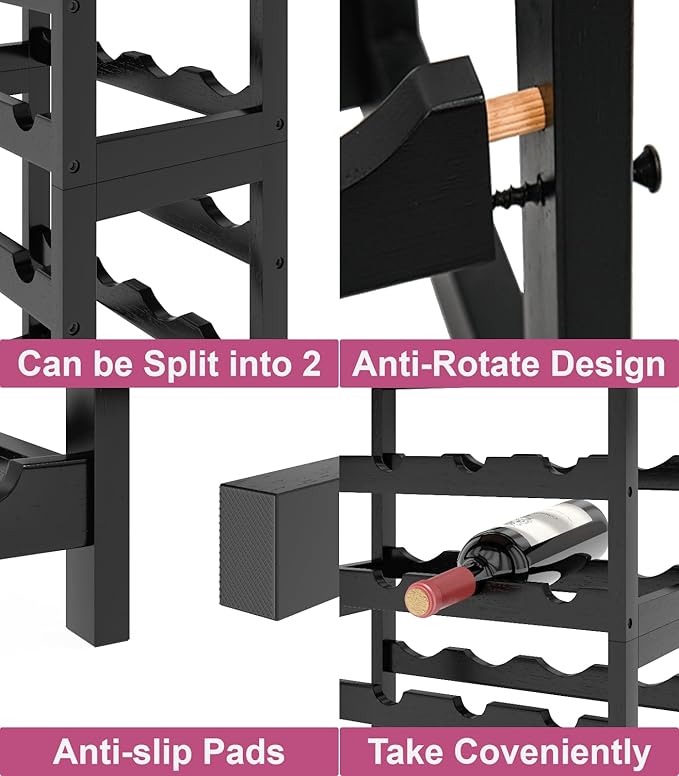 6 Tier Bamboo Wine Rack with Table Top, Freestanding 48-Bottle Wine Storage Shelf, Wine Display for Kitchen, Bar, Dining Room, Living Room, Rustic Brown and Black