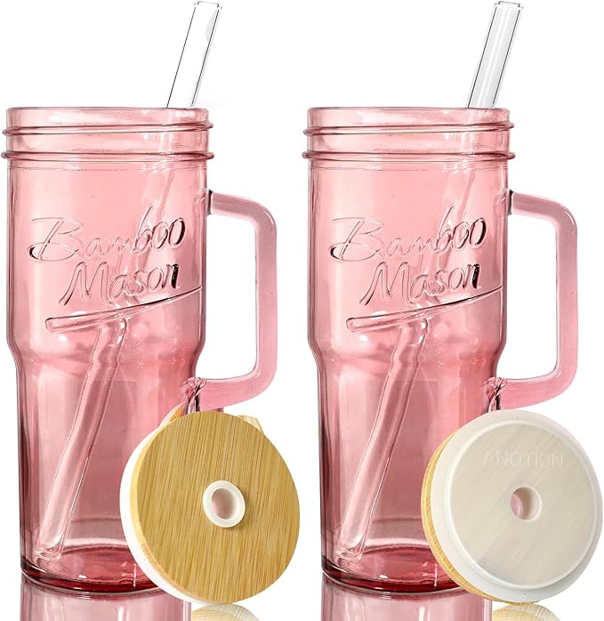 ANOTION Glass Cups with Handle, 24oz Glass Cups with Lids and Straws Travel Coffee Mug Bamboo Mason Jar Iced Cup Smoothie Tea Clear Cute Water Drinking Jars Glasses