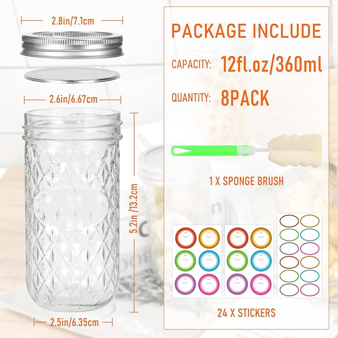 12 oz Mason Jars with Lids & Bands 8Pack, Canning Jars with Stickers and Sponge Brush, Ideal for Jelly Spice Honey Herbs Storage,Party and Wedding Favors