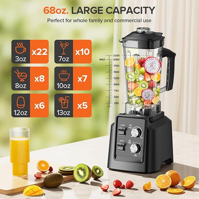 Blender for Smoothies - Countertop Blenders with 68oz Dishwasher-Safe Pitcher, Blenders for Kitchen, Ice Crushing & Frozen Fruit, BPA Free