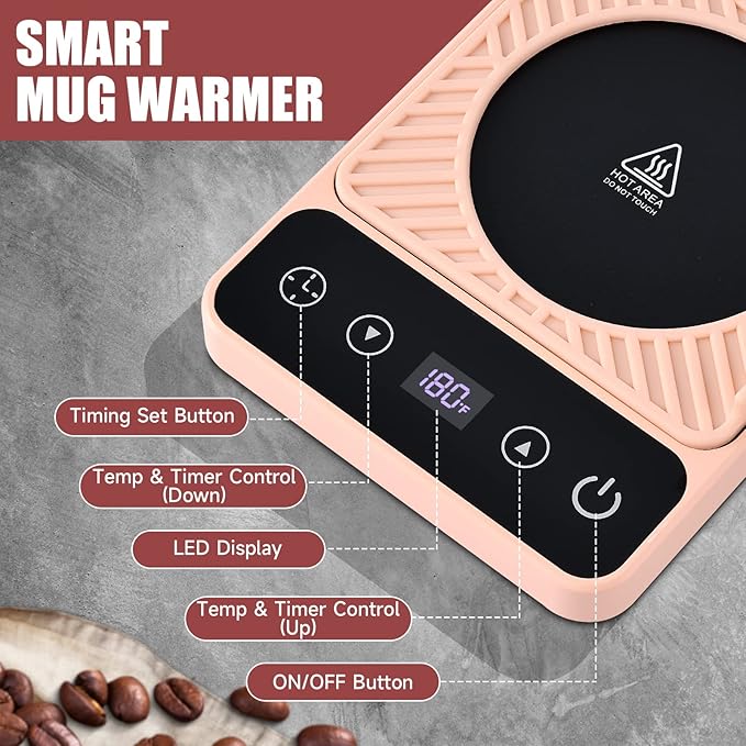 Mug Warmer - Electric Coffee Mug Warmer with Timer,Coffee Cup Warmer for Desk Auto Shut Off,Smart 6-Temperature Control, Coffee Accessories for Coffee Lovers, Pink