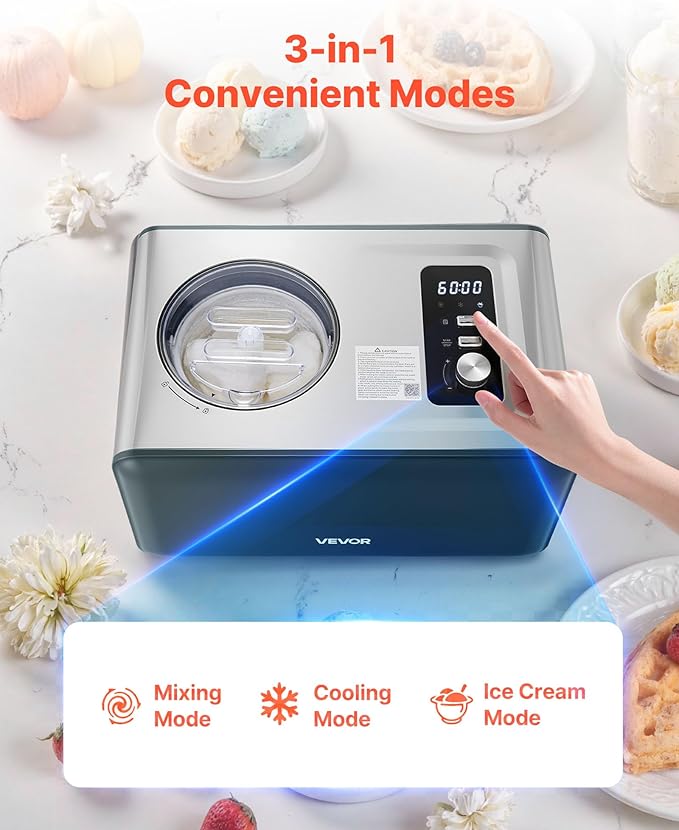 VEVOR Automatic Ice Cream Maker with Built-in Compressor, 1.5 Quart No Pre-freezing Gelato Maker, Electric Sorbet-Maker, 3 Modes Compressor Ice Cream Machine for Home Kitchen