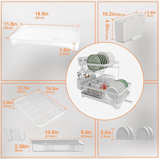 Dish Drying Rack - Auto Draining Dish Rack for Kitchen Counter, Large Capacity Dish Drainers Organizer with Drainboard, 2-Tier Drying Rack with Utensil Holder White