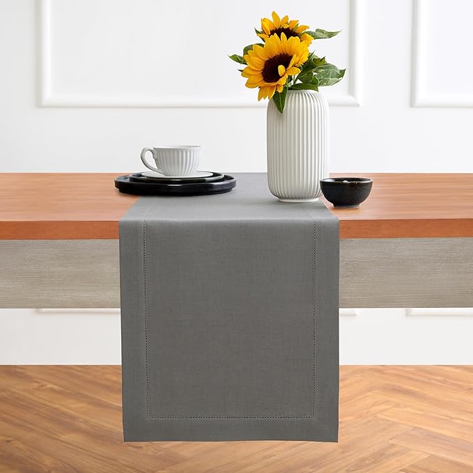 Solino Home Linen Steel Gray Table Runner 72 Inches Long - 100% Pure Linen Hemstitch Table Runner 14 x 72 Inch for Dresser, Dining, Summer, Fall, Autumn, Halloween - Classic Hemstitch