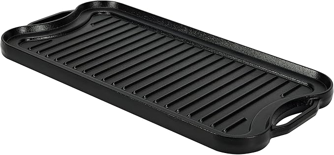 Amazon Basics Pre-Seasoned Cast Iron Reversible Rectangular Grill/Griddle, Black, 20 x 10.63 x 0.98 inch