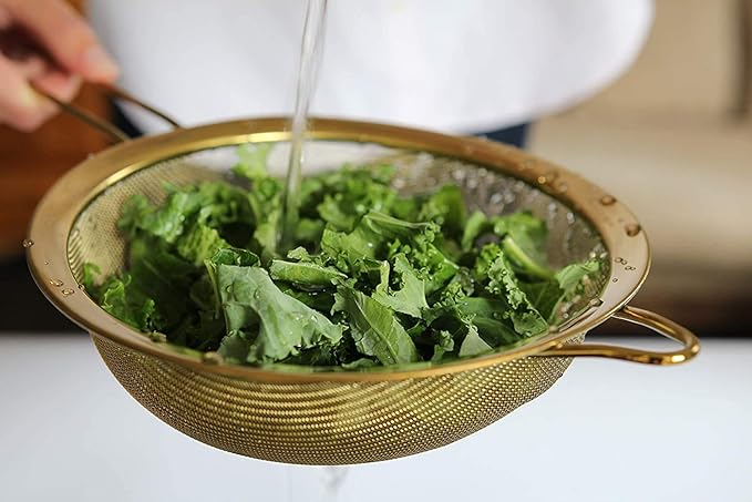 Strainer Set Fine Mesh – Premium 304 Stainless Steel (18/8) – 8″, 5.5″ and 3.3″ Sturdy Kitchen Strainers (Gold)