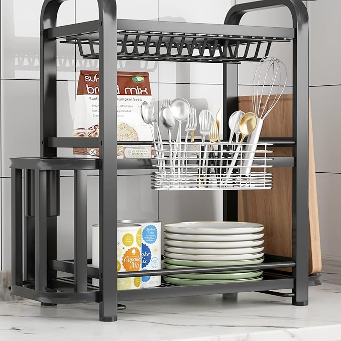 JAQ Utensil Holder for Sink, Sus304 Stainless Steel Rust Free Silverware Cutlery Flatware Holder Rack Organizer with Hooks for Dish Drying Rack Sink Dish Drainer in Kitchen Bathroom