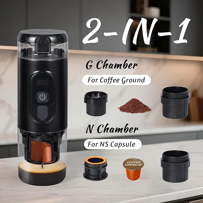 Portable Espresso Machine, Electric Travel Coffee maker with Self-Heating & USB-C, 20Bar High Pressure, Compatible with Coffee Capsules & Grounds（NS&DG） for Camping, RV, Office, Car